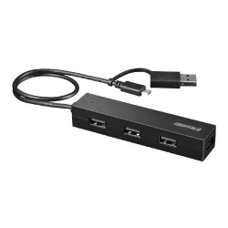 商品画像:タブレット・スマホ用 USB2.0 4ポートハブ 変換コネクター付き ブラック BSH4UMB04BK