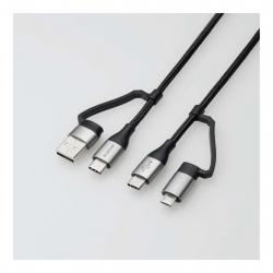 商品画像:4in1 USBケーブル/USB-A+USB-C/Micro-B+USB-C/USB Power Delivery対応/1.0m/ブラック MPA-AMBCC10BK