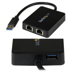 商品画像:USB有線LANアダプター/デュアルポート/USB-A接続/USB 3.0/10/100/1000Mbps/1x USB-A/各種OS/ブラック/ギガビットイーサネット/ノートパソコン用 RJ45 ネットワーク 変換 コンバーター USB32000SPT