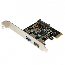 商品画像:SuperSpeed USB 3.0 2ポート増設PCI Expressインターフェースカード 2x USB 3.0 5Gbps 拡張用PCIe x1 接続ボード SATA電源端子(15ピン)付き PEXUSB3S23