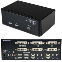 商品画像:2ポート デュアルDVIディスプレイ対応USB接続KVMスイッチ/PCパソコンCPU切替器(3.5mm ミニジャック オーディオ対応/2x USB2.0ハブ付) 解像度1920x1200(DVI-D対応ケーブル使用時) SV231DD2DUA