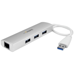 商品画像:USB 3.0ハブ/Type-A 接続/3ポート/3x USB 3.2 Gen 1 Type-A/5Gbps/有線LANアダプター内蔵/バスパワー/27cm一体型ケーブル/RJ45 ギガビットイーサネット/USB増設用ハブ ST3300G3UA