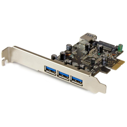 商品画像:USB 3.0 4ポート増設 PCI Expressカード 外部ポート x3/ 内部ポート x1搭載 Windows 7/8でネイティブOSに対応 フルサイズ/ロープロファイルPCIに対応 PEXUSB3S42