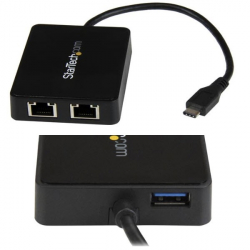 商品画像:USB有線LANアダプター/デュアルポート/USB-C接続/USB 3.2 Gen1/10/100/1000Mbps/1x USB-A/Thunderbolt 3互換/各種OS/ブラック/ギガビットイーサネット/ノートパソコン用 Type-C RJ45 ネットワーク 変換 コンバーター US1GC301AU2R