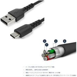 商品画像:USB-A-USB-C ケーブル/1m/USB 2.0/急速充電・データ転送/アラミド繊維補強/オス・オス/ブラック RUSB2AC1MB