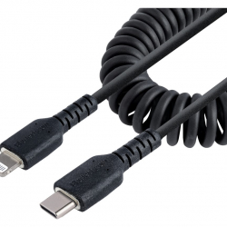 商品画像:高耐久Lightning-USB-Cケーブル 1m コイル(伸縮)型/ブラック/アラミド繊維補強/MFi認証/iPhone充電ケーブル/タイプC-Apple(アップル)充電 ライトニング ケーブル RUSB2CLT1MBC