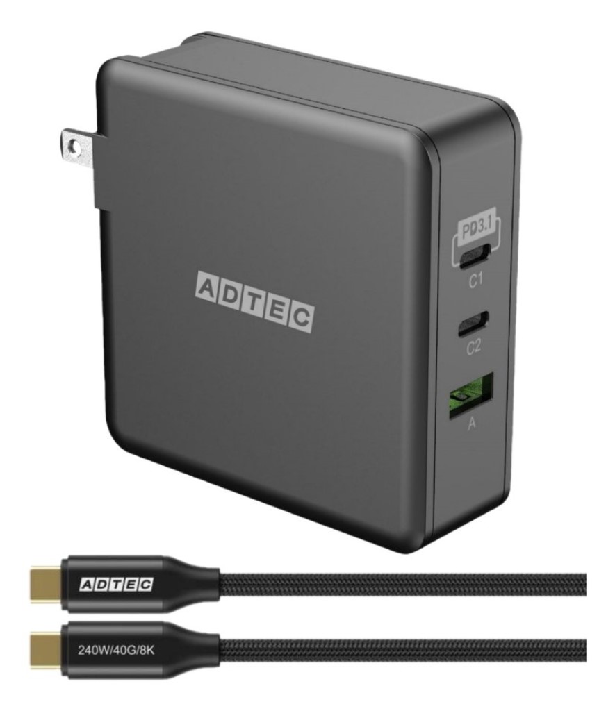 アドテック> PD充電器 最大140W<USB-C x2、USB-A x1><PPS対応/Power Delivery 3.1対応/GaN対応>ブラック  Type-C 240W ケーブル セット 123market