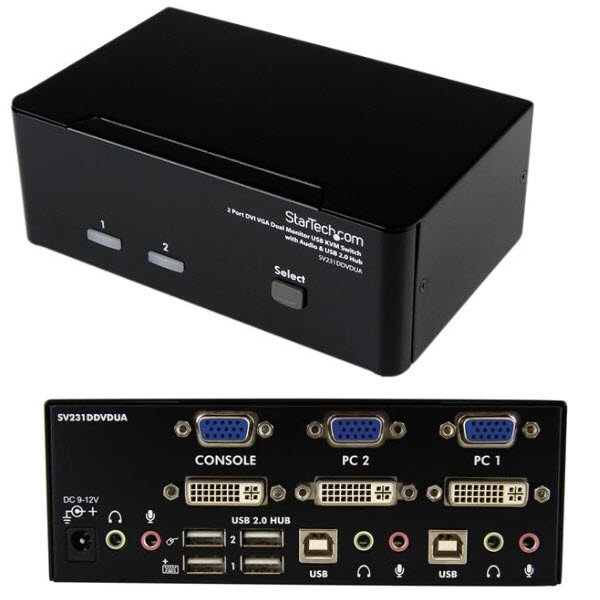 2ポート デュアルディスプレイ(DVI & VGA)対応USB接続KVMスイッチ/PCパソコンCPU切替器(3.5mm ミニジャック  オーディオ対応/2x USB2.0ハブ付) 解像度1920x1200(DVI-D対応ケーブル使用時) | 123market