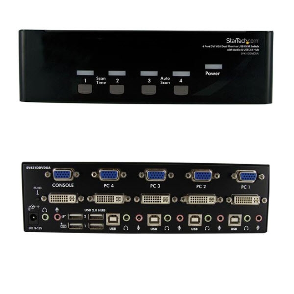 4ポート デュアルディスプレイ(DVI & VGA)対応USB接続KVMスイッチ/PCパソコンCPU切替器(3.5mm ミニジャック